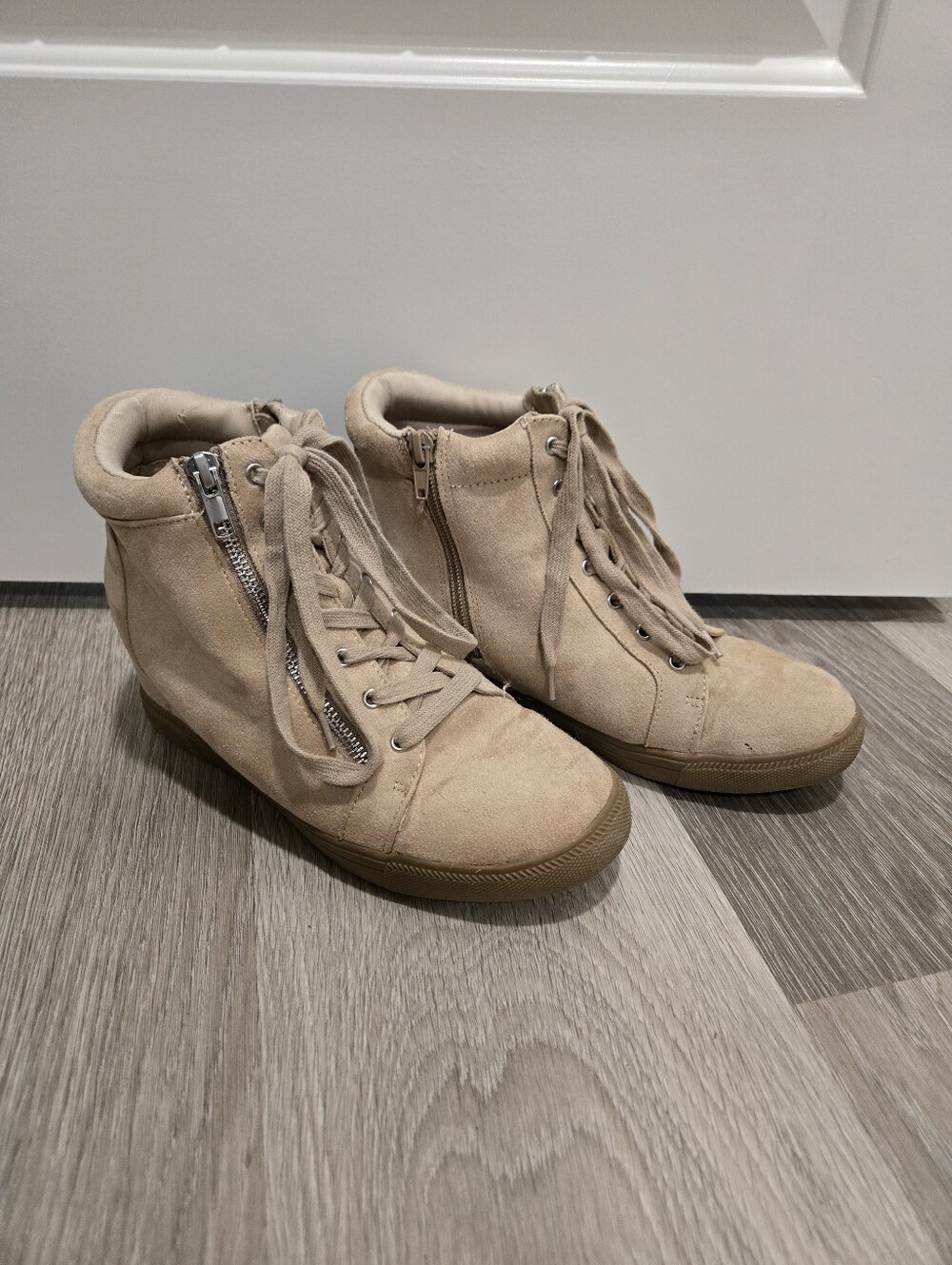 Maurices Wedge Sneaker Booties in Beige Suede